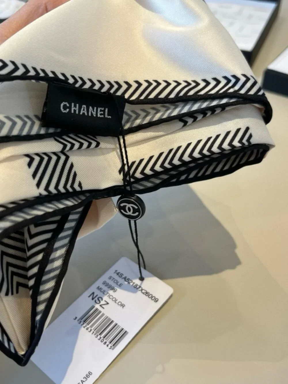 CHANEL Ivory Chevron CC Silk Scarf